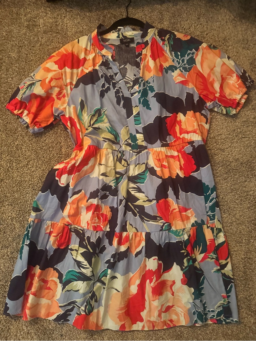 MSK Blue Floral V-Neck Tiered Midi Dress